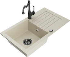 Mexen Pablo fregadero de granito 1-cubeta con escurridor y grifo de cocina Carla, beige - 6510-69-670700-70