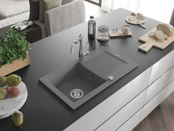 Mexen Pablo fregadero de granito de 1 compartimento con escurridor y grifo de cocina Carla, gris - 6510-71-670700-00
