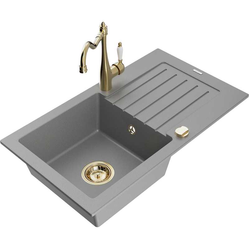 Mexen Pablo évier en granit 1 bac avec égouttoir et robinet de cuisine Carla, gris - 6510-71-670700-50