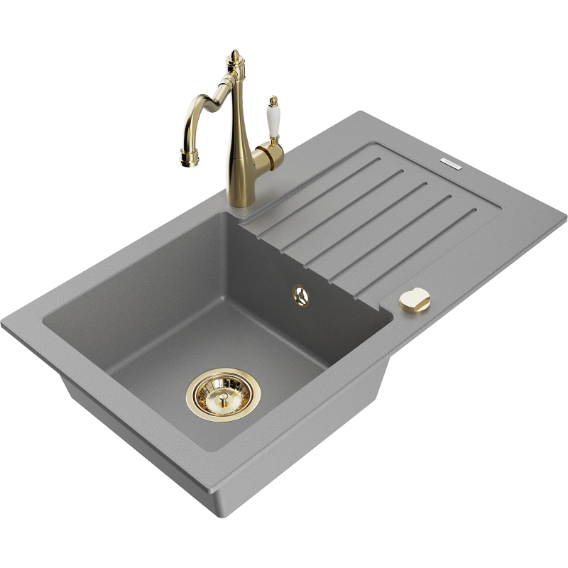 Mexen Pablo graniittinen keittiöallas, jossa on yksi kammio, valutustaso ja keittiöhana Carla, harmaa - 6510-71-670700-50