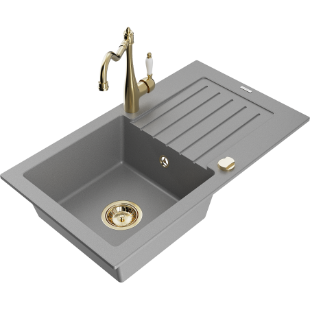 Mexen Pablo évier en granit 1 bac avec égouttoir et robinet de cuisine Carla, gris - 6510-71-670700-50