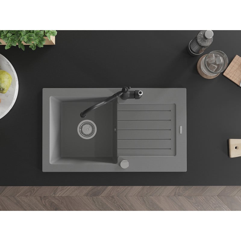 Mexen Pablo granite kitchen sink 1-bowl with drainer and Carla kitchen tap, grey - 6510-71-670700-70