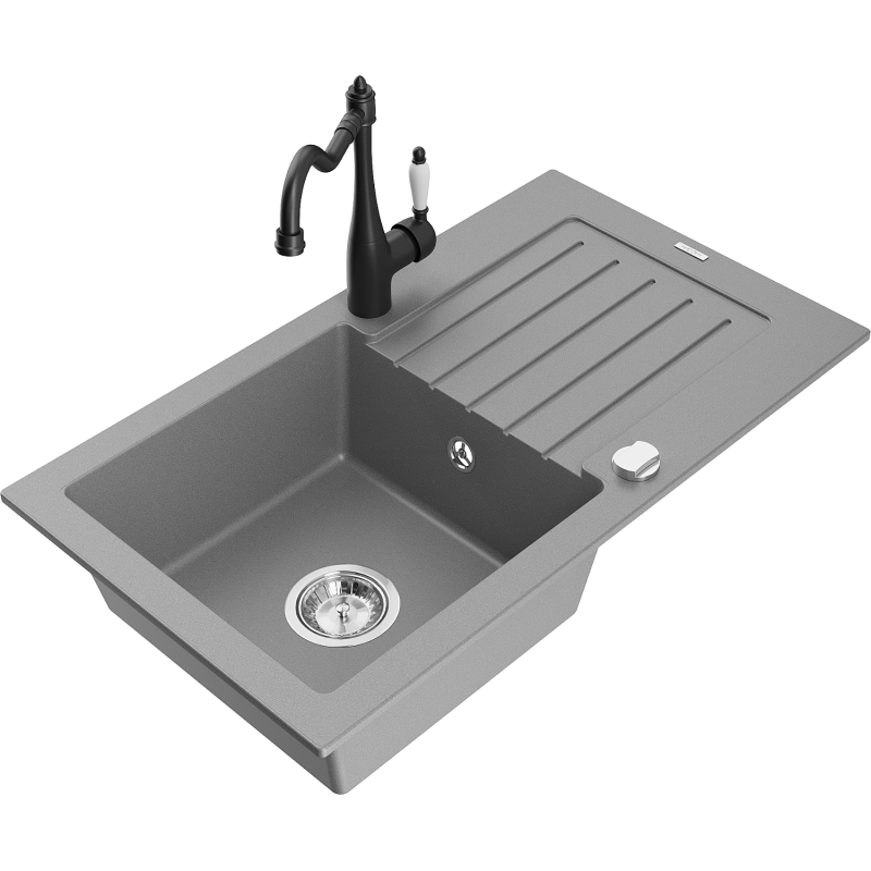 Mexen Pablo graniittinen yksikammioinen tiskiallas valutustasolla ja keittiöhana Carla, harmaa - 6510-71-670700-70