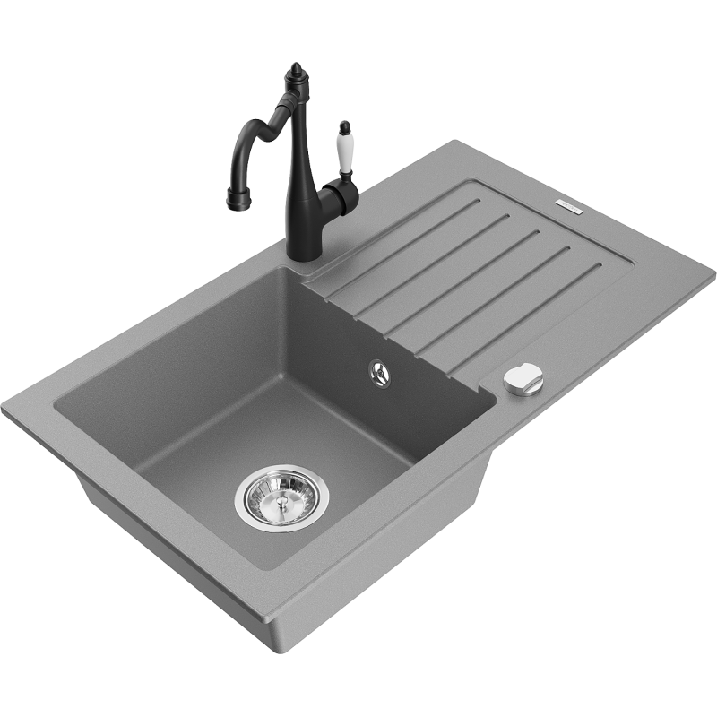 Mexen Pablo granite kitchen sink 1-bowl with drainer and Carla kitchen tap, grey - 6510-71-670700-70