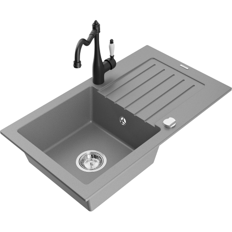 Mexen Pablo granite kitchen sink 1-bowl with drainer and Carla kitchen tap, grey - 6510-71-670700-70