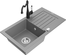 Mexen Pablo kuhinjsko korito iz granita z 1 komoro, pomivalnim odtokom in kuhinjsko pipo Carla, sivo - 6510-71-670700-70