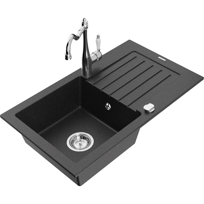 Mexen Pablo 1-bowl granite sink with drainer and Carla kitchen tap, black/silver metallic - 6510-73-670700-00