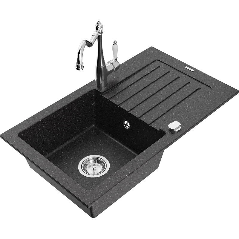Mexen Pablo fregadero de granito de 1 cubeta con escurridor y grifo de cocina Carla, negro/plata metalizado - 6510-73-670700-00