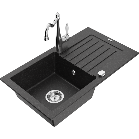 Mexen Pablo 1-bowl granite sink with drainer and Carla kitchen tap, black/silver metallic - 6510-73-670700-00