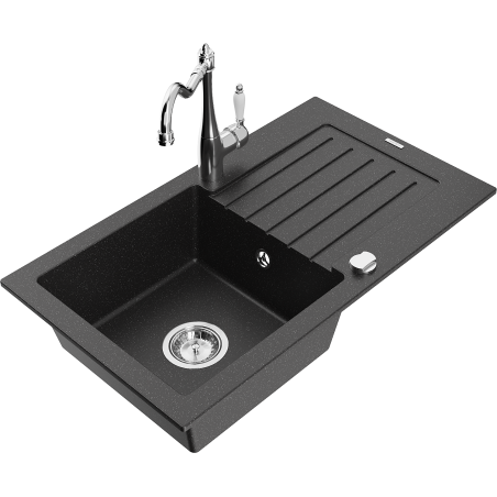 Mexen Pablo granite kitchen sink with 1 bowl, drainer, and Carla faucet, black/silver metallic - 6510-73-670700-00