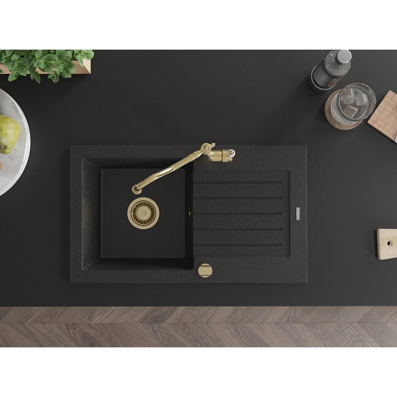 Mexen Pablo granieten spoelbak met 1 kamer, afdruiprek en keukenkraan Carla, zwart/zilveren metallic - 6510-73-670700-50
