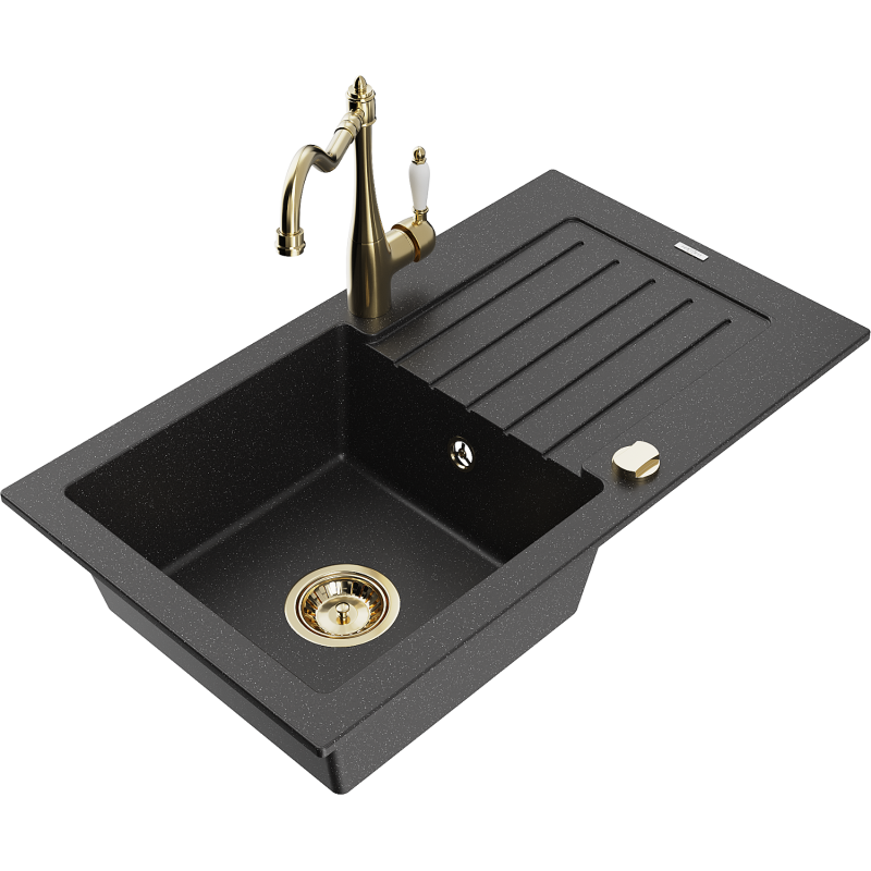 Mexen Pablo granieten spoelbak met 1 kamer, afdruiprek en keukenkraan Carla, zwart/zilveren metallic - 6510-73-670700-50