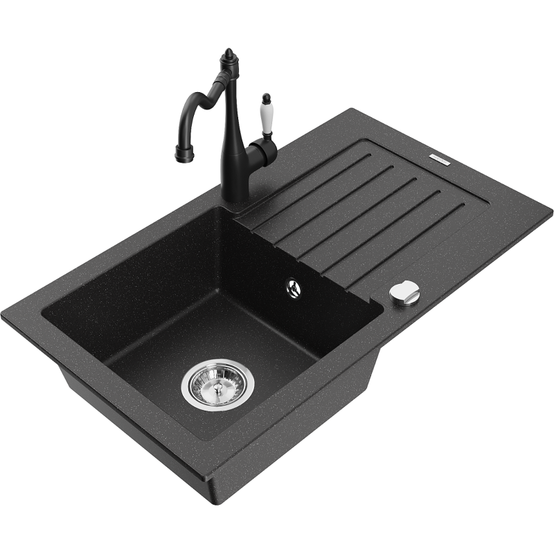 Mexen Pablo Granitspüle 1-Becken mit Abtropffläche und Küchenarmatur Carla, schwarz/silber metallic - 6510-73-670700-70