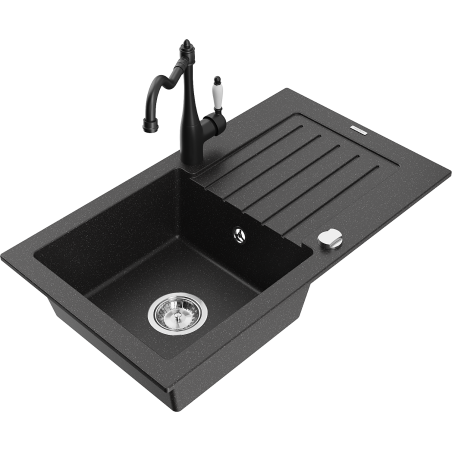 Mexen Pablo Granitspüle 1-Becken mit Abtropffläche und Küchenarmatur Carla, schwarz/silber metallic - 6510-73-670700-70