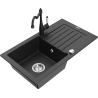 Mexen Pablo granite kitchen sink with 1 basin, drainer, and kitchen faucet Carla, black/silver metallic - 6510-73-670700-70