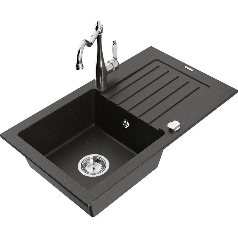 Mexen Pablo fregadero de granito de 1 cubeta con escurridor y grifo de cocina Carla, negro/dorado metálico - 6510-75-670700-00