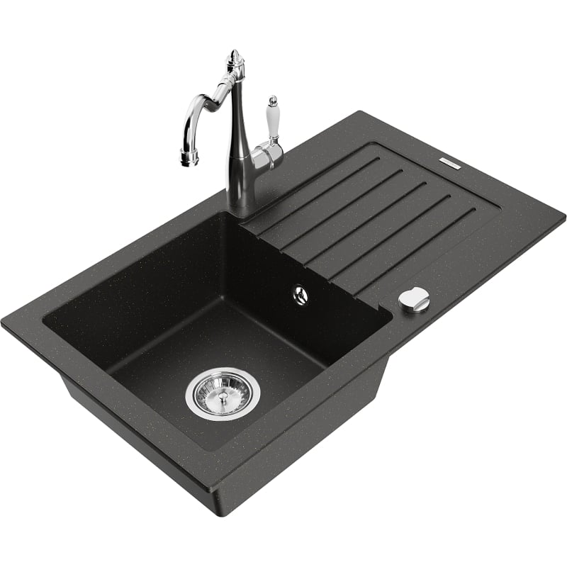 Mexen Pablo granite sink 1-bowl with drainer and kitchen faucet Carla, black/gold metallic - 6510-75-670700-00