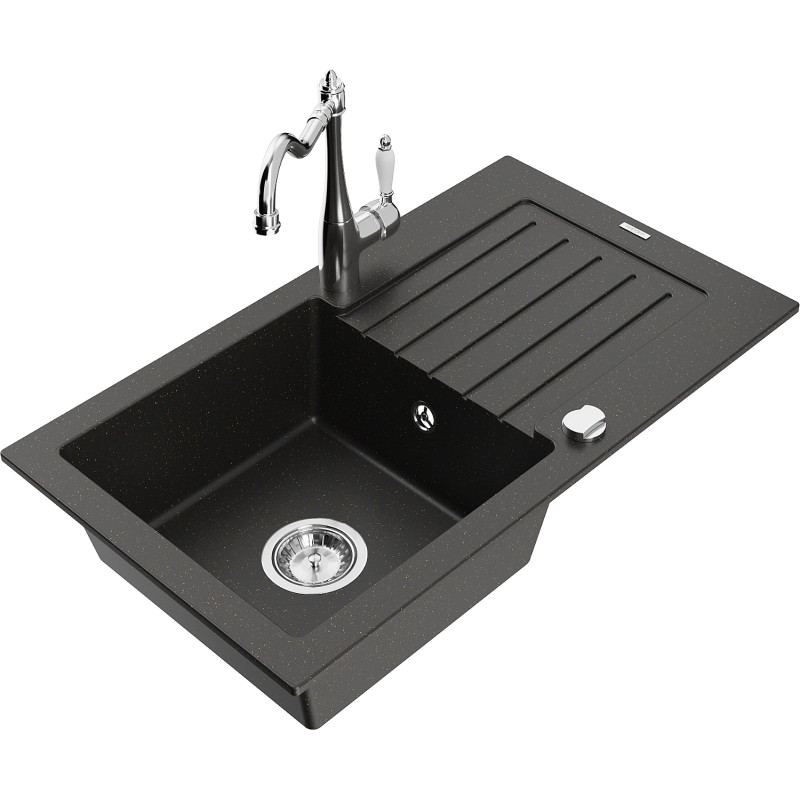 Mexen Pablo Granitspüle 1-Becken mit Abtropffläche und Küchenarmatur Carla, schwarz/goldener Metallic - 6510-75-670700-00