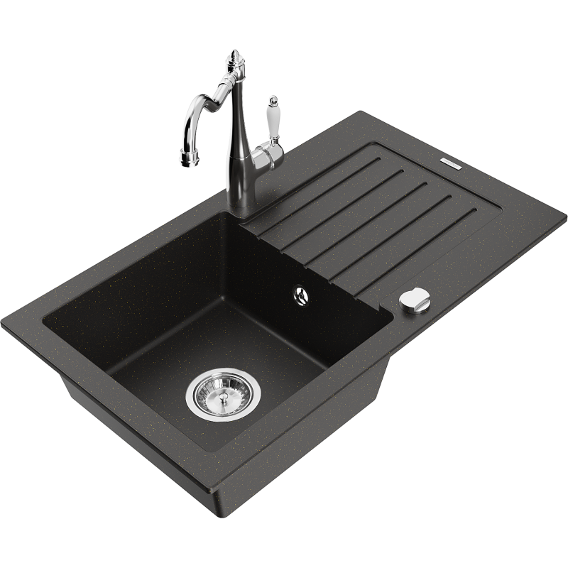 Mexen Pablo lava-louça de granito 1-cuba com escorredor e torneira de cozinha Carla, preto/dourado metálico