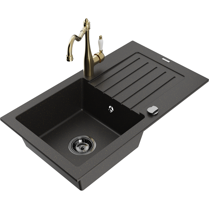 Mexen Pablo granieten gootsteen 1-komers met afdruiprek en keukenkraan Carla, zwart/goud metallic - 6510-75-670700-50-B