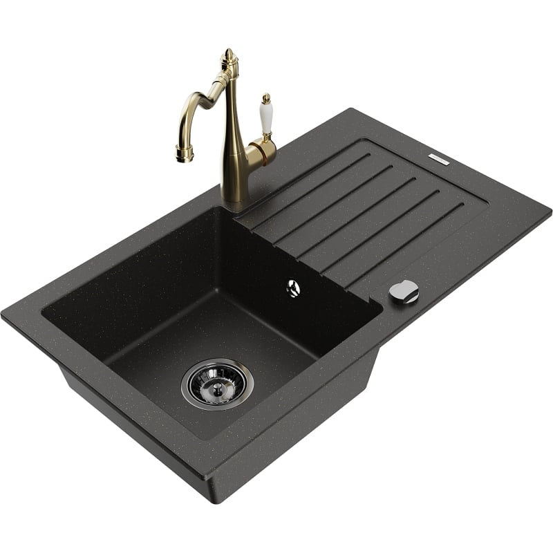 Mexen Pablo granite sink 1-bowl with drainer and kitchen faucet Carla, black/golden metallic - 6510-75-670700-50-B