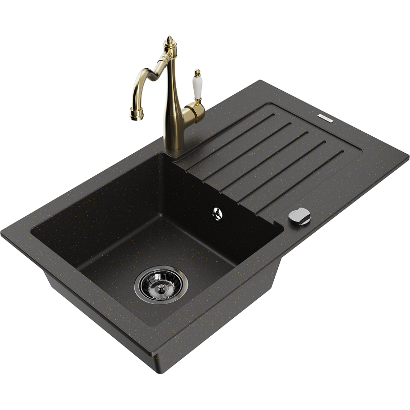 Mexen Pablo lava-loiça de granito de 1 bacia com escorredor e torneira de cozinha Carla, preto/dourado metálico