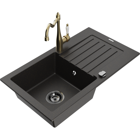 Mexen Pablo granite sink 1-bowl with drainer and kitchen faucet Carla, black/golden metallic - 6510-75-670700-50-B