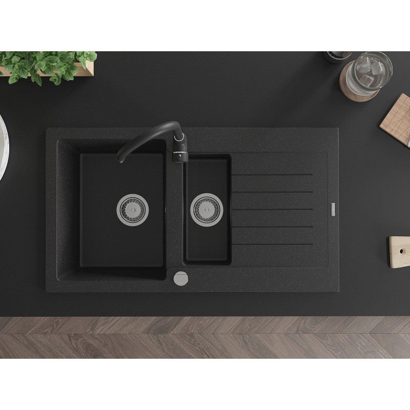 Mexen Matias granite sink 1.5-bowl with drainer and Telma kitchen tap, black/silver - 6502-73-670200-70