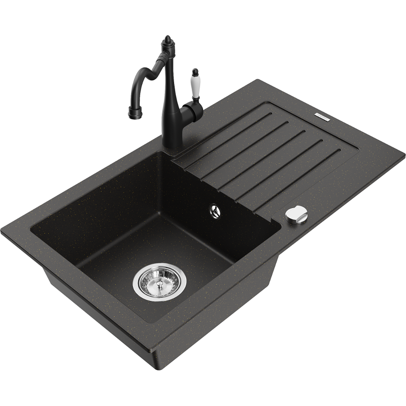 Mexen Pablo granit Spüle mit 1 Becken, Abtropffläche und Küchenarmatur Carla, schwarz/gold metallic - 6510-75-670700-70