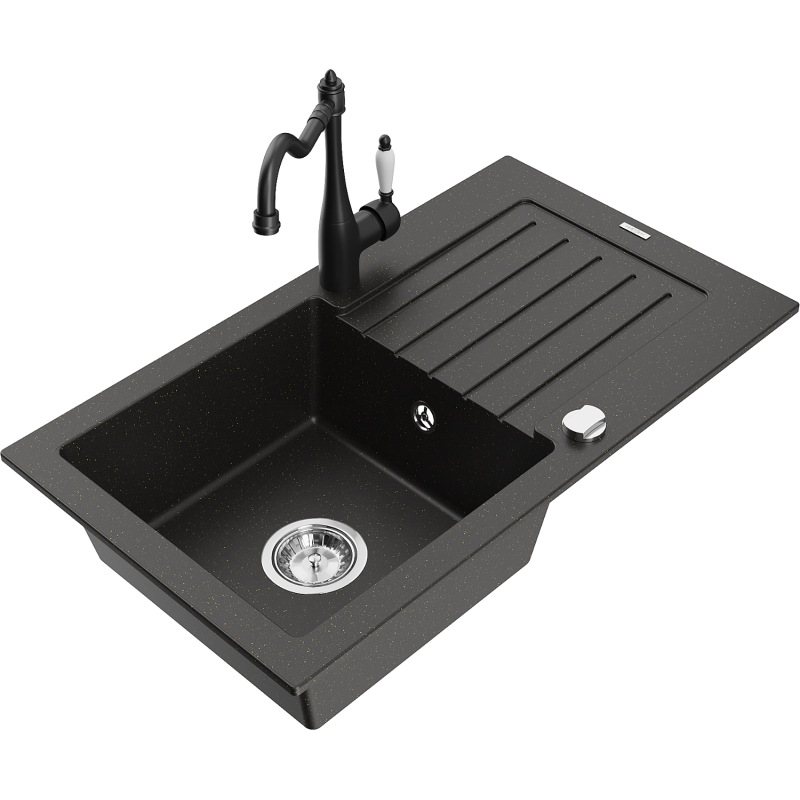 Mexen Pablo lava-loiça de granito de 1 cuba com escorredor e torneira de cozinha Carla, preto/dourado metálico