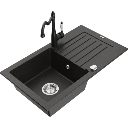 Mexen Pablo 1-nodalīts granīta virtuves izlietne ar noteku un jaucējkrānu Carla, melnā/zeltainā metālika - 6510-75-670700-70