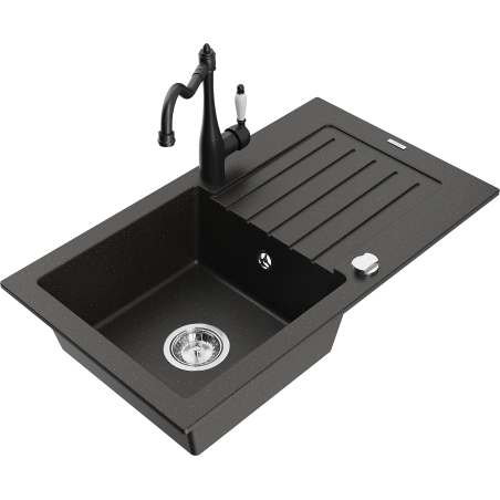 Mexen Pablo granite sink 1-chamber with drainer and kitchen faucet Carla, black/gold metallic - 6510-75-670700-70
