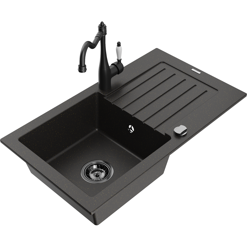 Mexen Pablo 1-bowl granite sink with drainer and Carla kitchen tap, black/gold metallic - 6510-75-670700-70-B