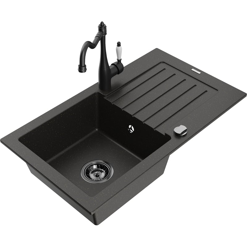 Mexen Pablo granite kitchen sink single-bowl with drainer and kitchen faucet Carla, black/gold metallic - 6510-75-670700-70-B