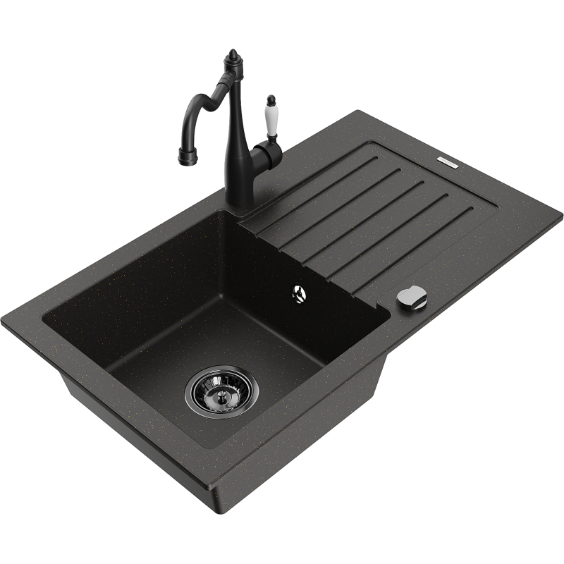 Mexen Pablo granitizlietne 1-nodalju ar noteces vannu un virtuves krānu Carla, melns/zeltainais metāliks - 6510-75-670700-70-B