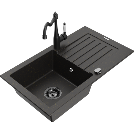 Mexen Pablo 1-bowl granite sink with drainer and Carla kitchen tap, black/gold metallic - 6510-75-670700-70-B