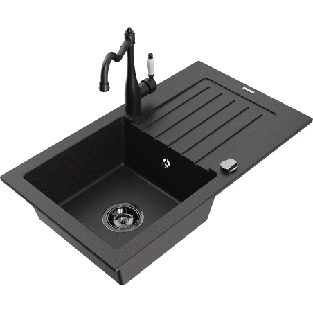 Mexen Pablo granite kitchen sink single-bowl with drainer and kitchen faucet Carla, black/gold metallic - 6510-75-670700-70-B