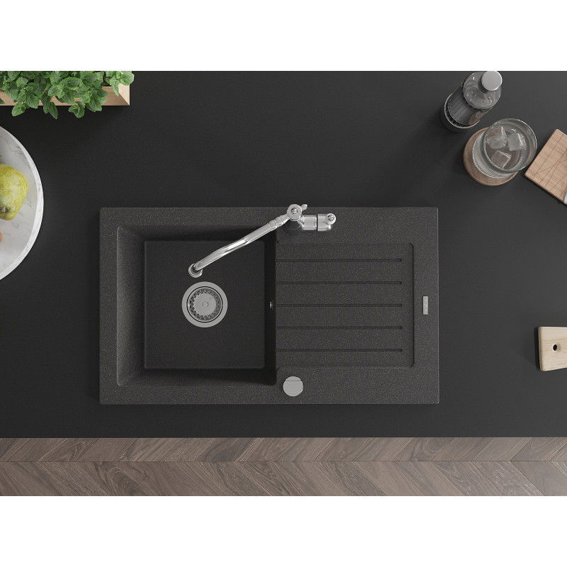 Mexen Pablo granitais izlietne ar vienu nodalījumu, notecinātāju un virtuves jaucējkrānu Carla, melna ar plankumiem