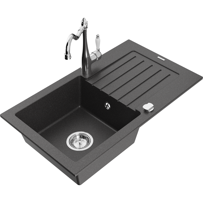 Mexen Pablo fregadero de granito de 1 cubeta con escurridor y grifo de cocina Carla, negro moteado - 6510-76-670700-00