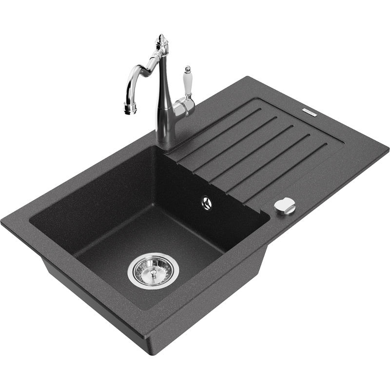 Mexen Pablo lavello in granito a 1 vasca con sgocciolatoio e rubinetto da cucina Carla, nero maculato - 6510-76-670700-00