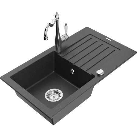 Mexen Pablo granitais izlietne ar vienu nodalījumu, notecinātāju un virtuves jaucējkrānu Carla, melna ar plankumiem