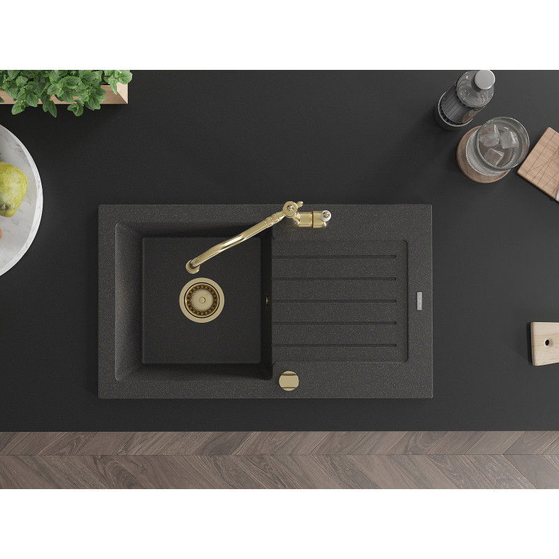 Mexen Pablo lavello in granito con 1 vasca con scolapiatti e rubinetto da cucina Carla, nero maculato - 6510-76-670700-50