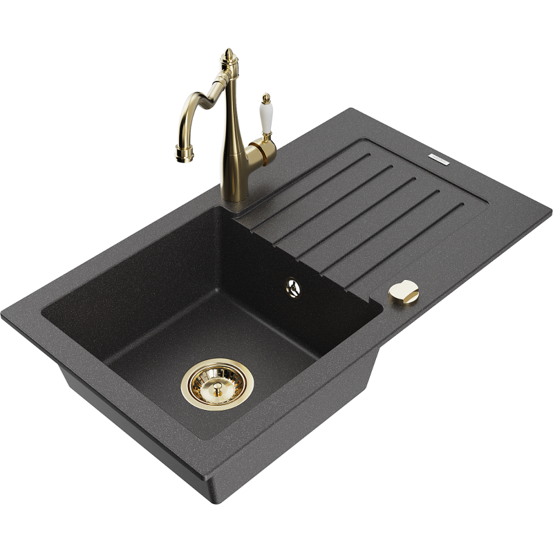 Mexen Pablo graniittinen 1-allas tiskiallas valutustasolla ja keittiöhana Carla, musta täplikäs - 6510-76-670700-50