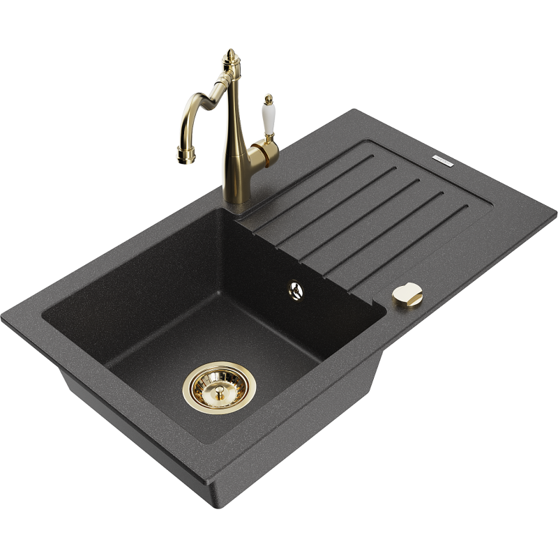 Mexen Pablo lavello in granito con 1 vasca con scolapiatti e rubinetto da cucina Carla, nero maculato - 6510-76-670700-50