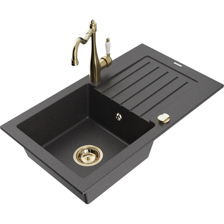 Mexen Pablo lavello in granito con 1 vasca con scolapiatti e rubinetto da cucina Carla, nero maculato - 6510-76-670700-50