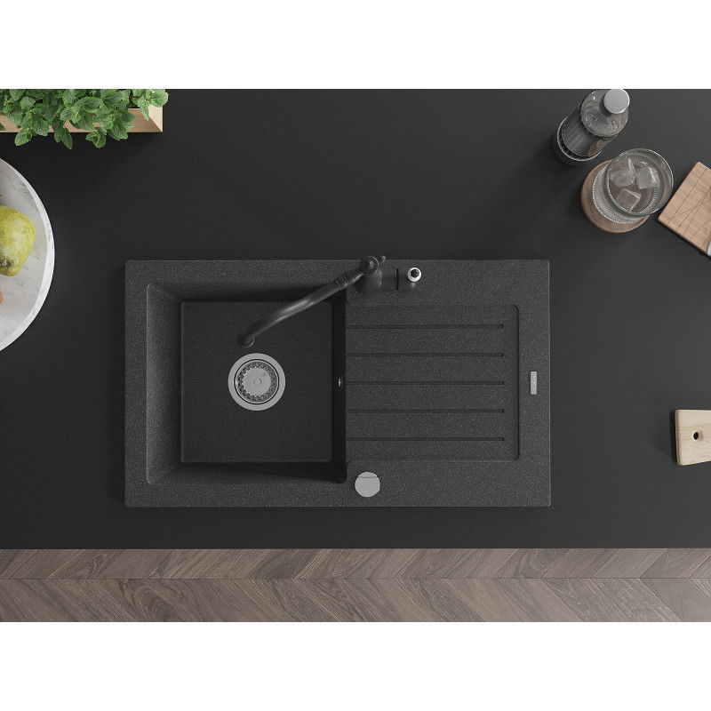 Mexen Pablo fregadero de granito de 1 cubeta con escurridor y grifo de cocina Carla, negro moteado - 6510-76-670700-70