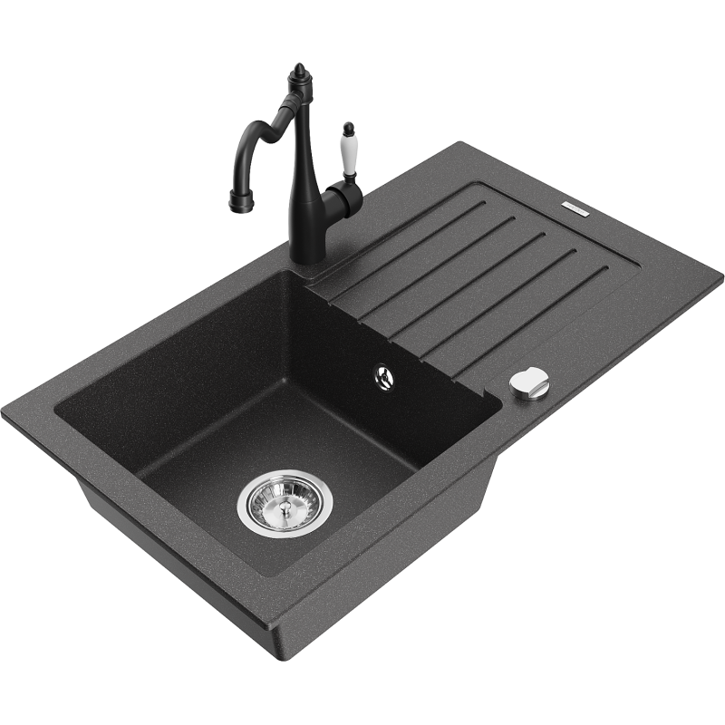 Mexen Pablo lava-louça de granito 1-bacia com escorredor e torneira de cozinha Carla, preto salpicado - 6510-76-670700-70
