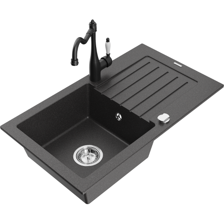 Mexen Pablo granite kitchen sink 1-bowl with drainer and Carla kitchen tap, speckled black - 6510-76-670700-70