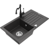Mexen Pablo granite kitchen sink 1-bowl with drainer and Carla kitchen tap, speckled black - 6510-76-670700-70