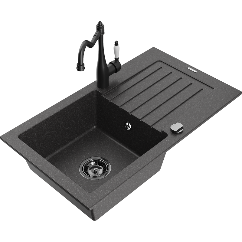 Mexen Pablo Granit-Spullsteen mat 1-enger mat Drain an Kichekraan Carla, schwaarz gesprenkel - 6510-76-670700-70-B